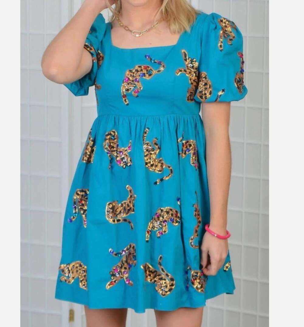 QUEEN OF SPARKLES Dress XS Leapin’ Teal Blue Leopards Jaguars Sequin Game Day